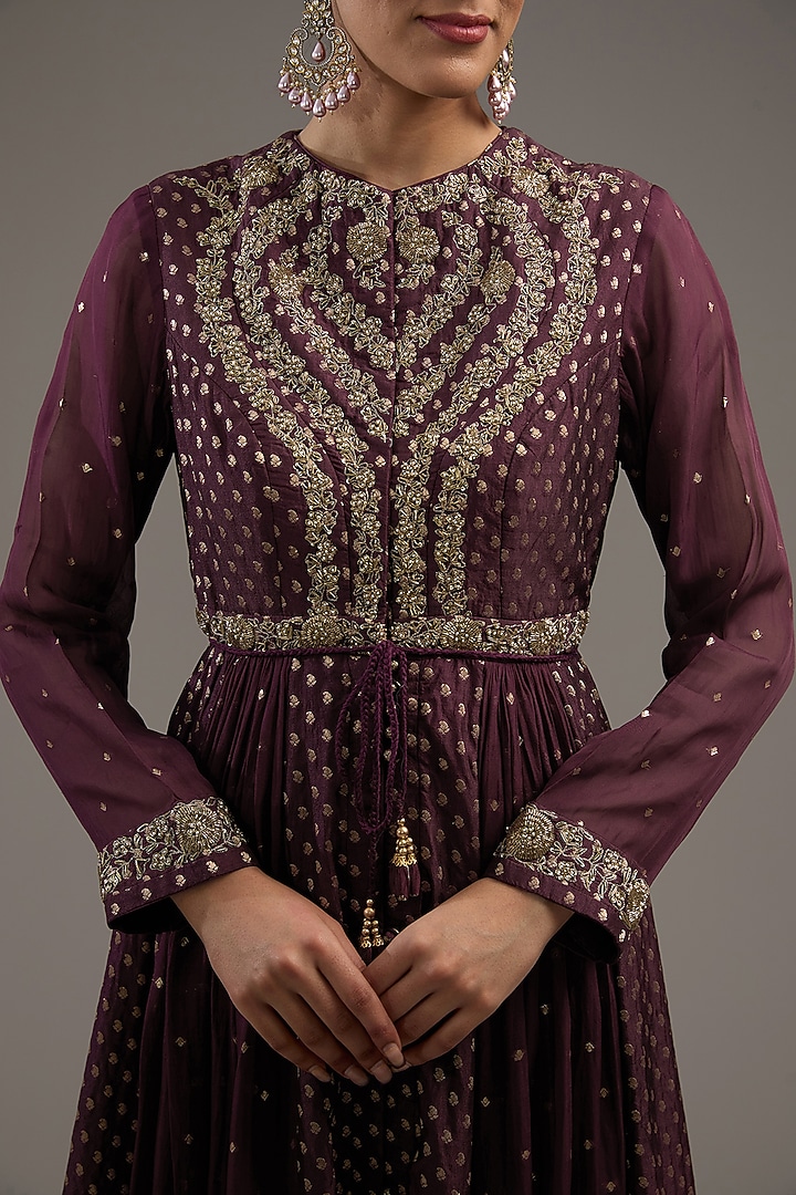 Wine Silk Brocade Zardosi Embroidered Wedding Anarkali Set by Shyam Narayan Prasad at Pernia's Pop Up Shop