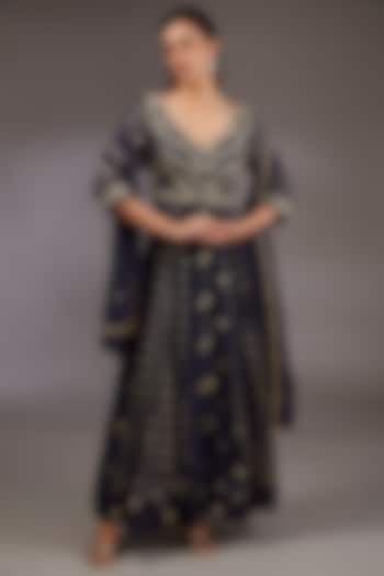 Navy Blue Silk Brocade Zardosi Embroidered Anarkali Set by Shyam Narayan Prasad