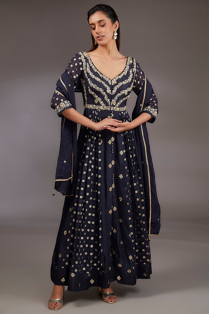 Navy Blue Silk Brocade Zardosi Embroidered Anarkali Set by Shyam Narayan Prasad