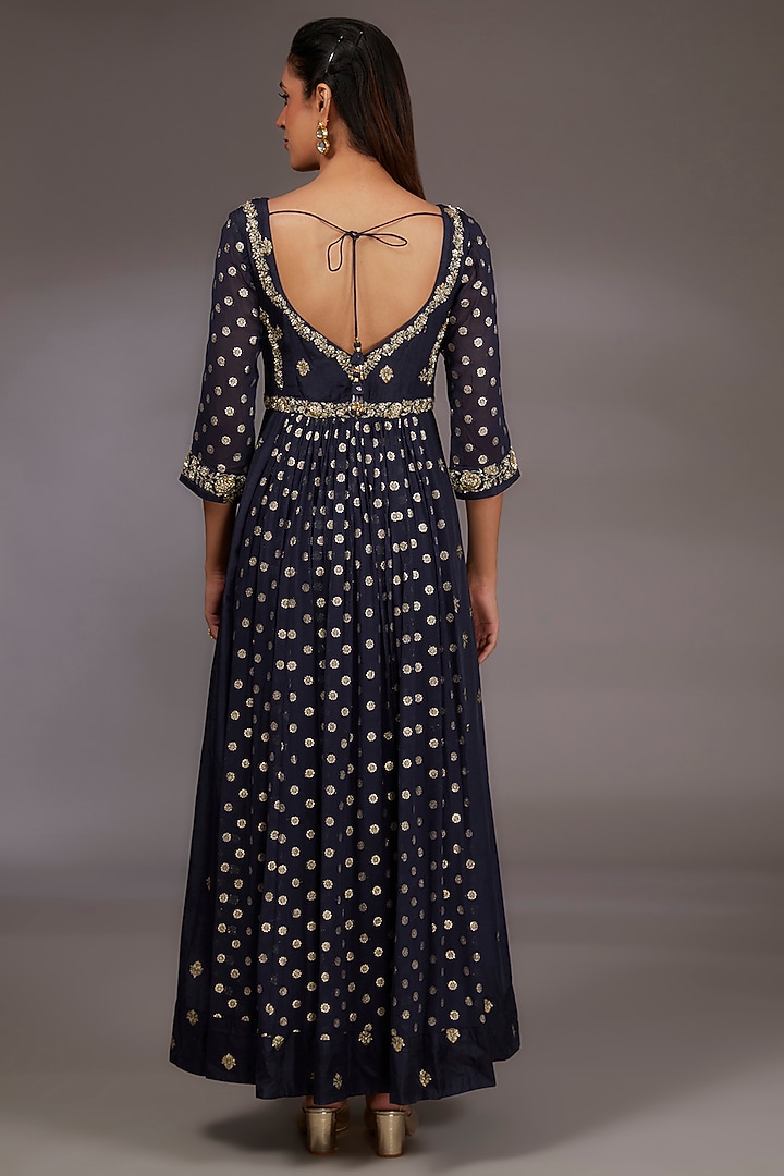 Navy Blue Silk Brocade Zardosi Embroidered Wedding Anarkali Set by Shyam Narayan Prasad at Pernia's Pop Up Shop