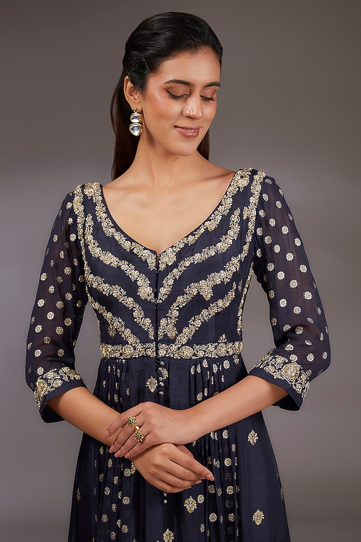 Navy Blue Silk Brocade Zardosi Embroidered Wedding Anarkali Set by Shyam Narayan Prasad at Pernia's Pop Up Shop