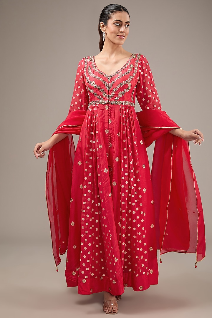 Red Silk Brocade & Georgette Zardosi Embroidered Anarkali Set by Shyam Narayan Prasad