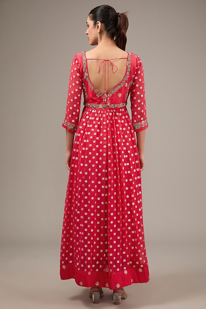 Red Silk Brocade & Georgette Zardosi Embroidered Wedding Anarkali Set by Shyam Narayan Prasad at Pernia's Pop Up Shop