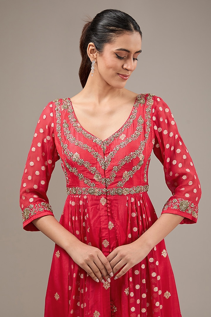 Red Silk Brocade & Georgette Zardosi Embroidered Wedding Anarkali Set by Shyam Narayan Prasad at Pernia's Pop Up Shop
