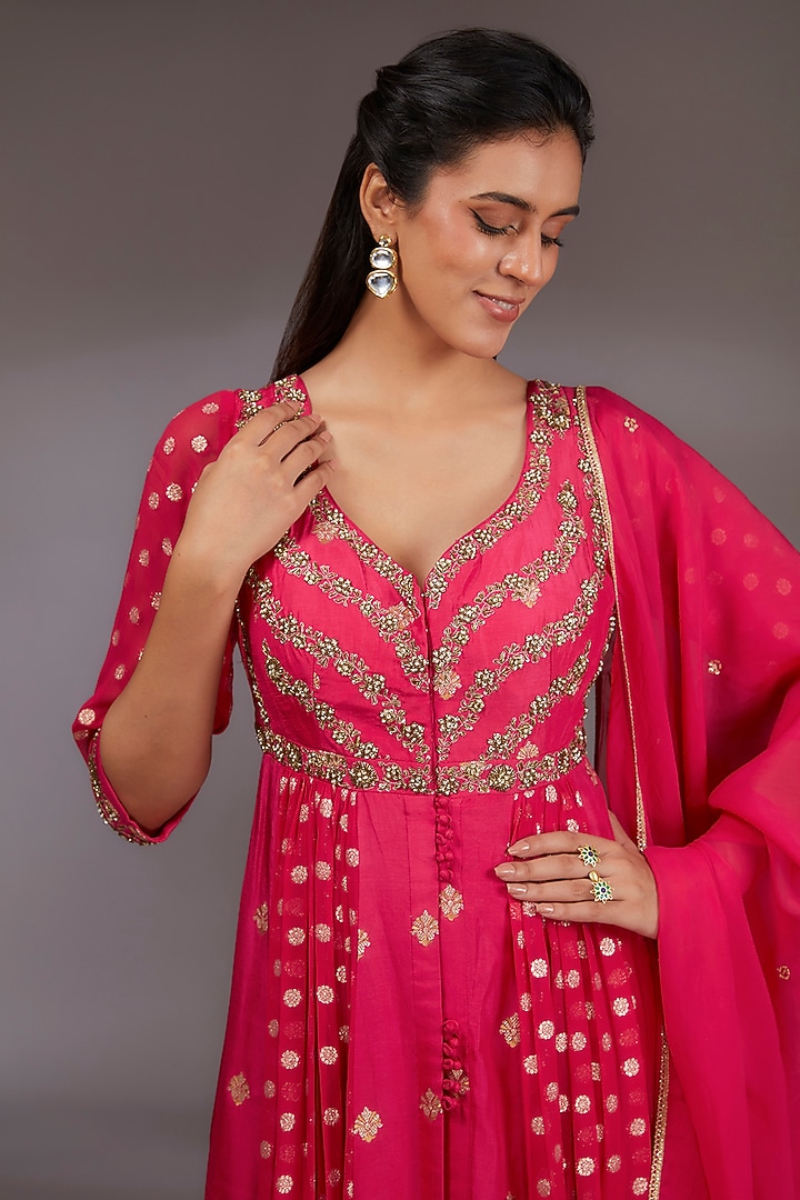 Red Silk Brocade Zardosi Embroidered Wedding Anarkali Set by Shyam Narayan Prasad at Pernia's Pop Up Shop