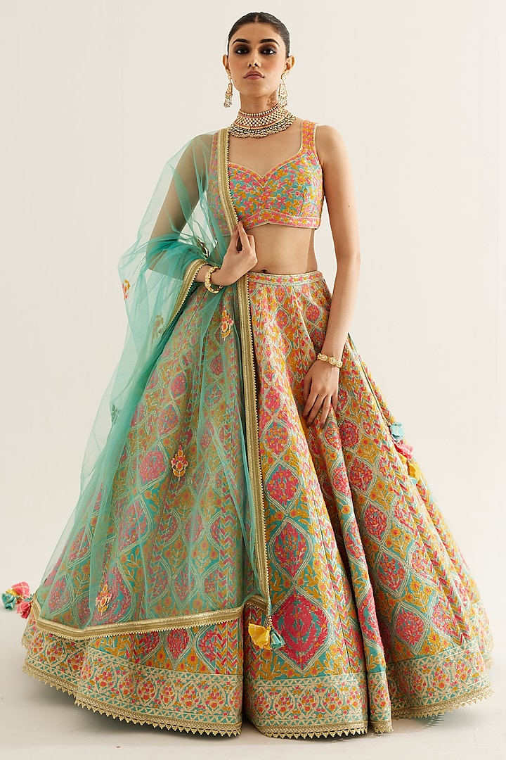 Capri Blue Raw Silk Gota & Thread Embroidered Wedding Lehenga Set by Shyam Narayan Prasad at Pernia's Pop Up Shop