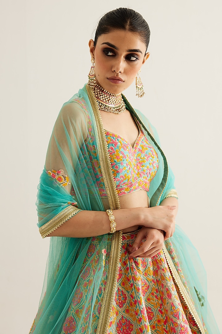 Capri Blue Raw Silk Gota & Thread Embroidered Wedding Lehenga Set by Shyam Narayan Prasad at Pernia's Pop Up Shop