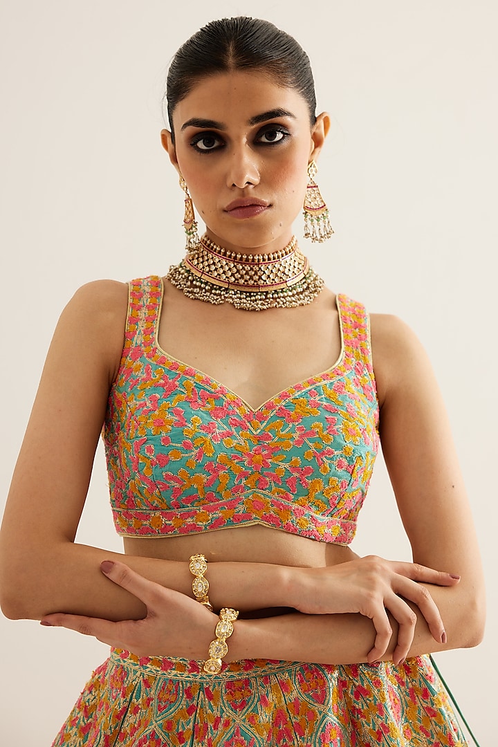 Capri Blue Raw Silk Gota & Thread Embroidered Wedding Lehenga Set by Shyam Narayan Prasad at Pernia's Pop Up Shop