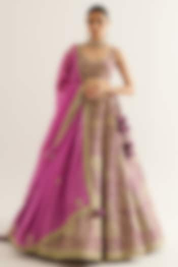 Grape Wine Brocade Gold Zari Embroidered Wedding Lehenga Set by Shyam Narayan Prasad at Pernia's Pop Up Shop