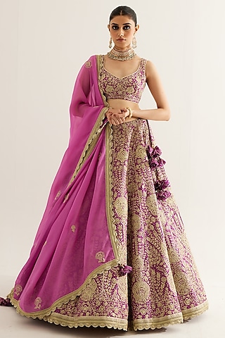 Grape Wine Brocade Gold Zari Embroidered Lehenga Set by Shyam Narayan Prasad