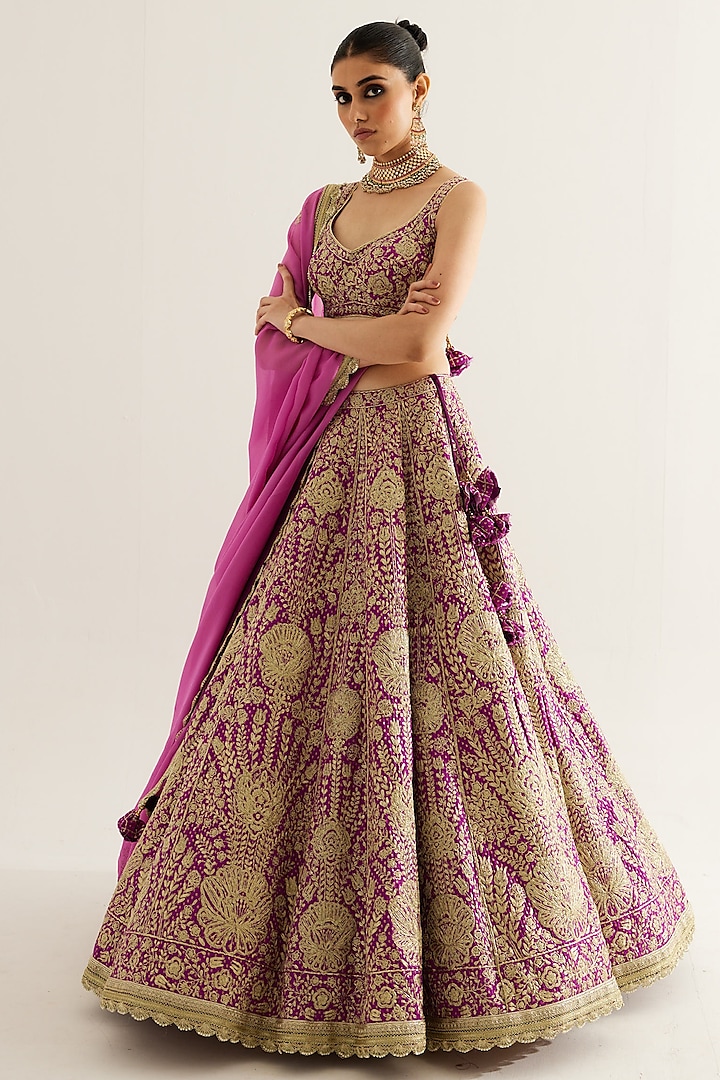 Grape Wine Brocade Gold Zari Embroidered Wedding Lehenga Set by Shyam Narayan Prasad at Pernia's Pop Up Shop