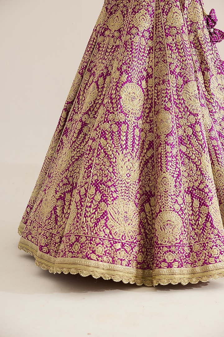 Grape Wine Brocade Gold Zari Embroidered Wedding Lehenga Set by Shyam Narayan Prasad at Pernia's Pop Up Shop