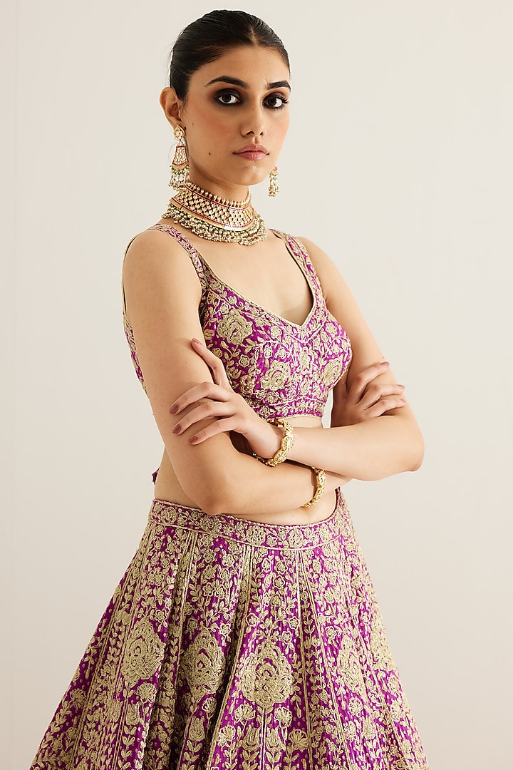 Grape Wine Brocade Gold Zari Embroidered Wedding Lehenga Set by Shyam Narayan Prasad at Pernia's Pop Up Shop