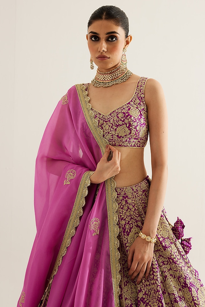 Grape Wine Brocade Gold Zari Embroidered Wedding Lehenga Set by Shyam Narayan Prasad at Pernia's Pop Up Shop