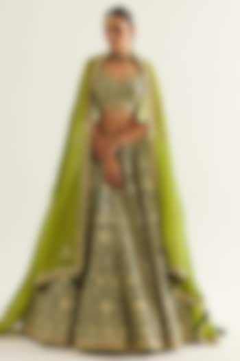 Verdant Green Brocade Gold Zari Embroidered Wedding Lehenga Set by Shyam Narayan Prasad at Pernia's Pop Up Shop