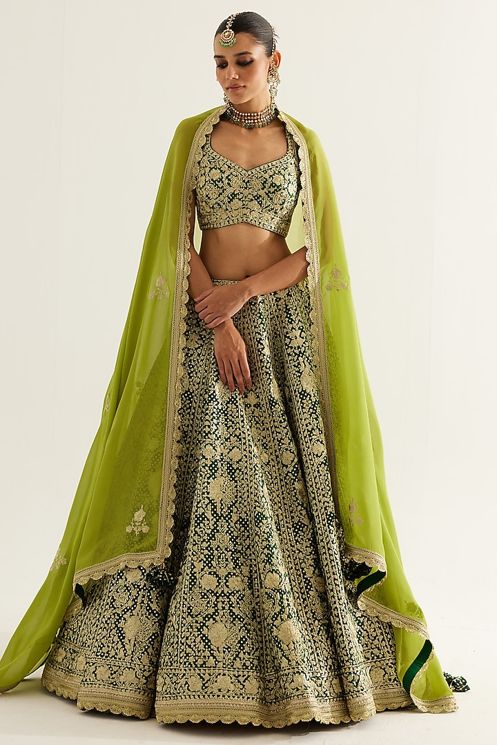 Verdant Green Brocade Gold Zari Embroidered Wedding Lehenga Set by Shyam Narayan Prasad at Pernia's Pop Up Shop