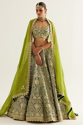 Verdant Green Brocade Gold Zari Embroidered Lehenga Set by Shyam Narayan Prasad