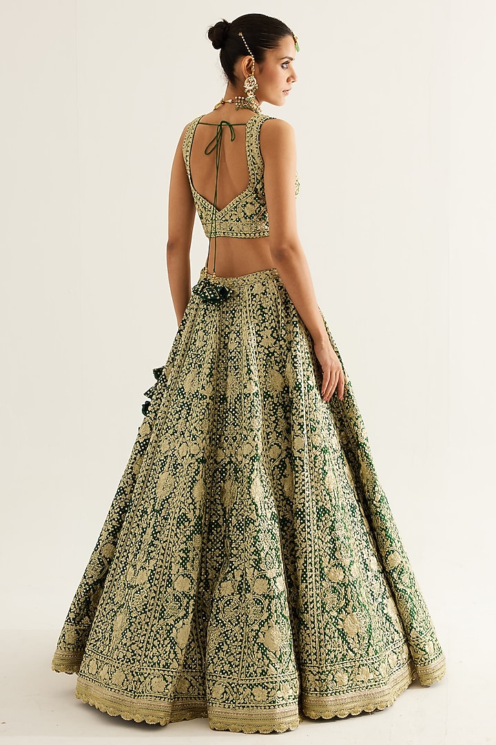 Verdant Green Brocade Gold Zari Embroidered Wedding Lehenga Set by Shyam Narayan Prasad at Pernia's Pop Up Shop