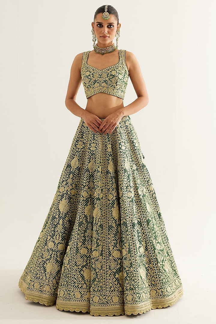 Verdant Green Brocade Gold Zari Embroidered Wedding Lehenga Set by Shyam Narayan Prasad at Pernia's Pop Up Shop