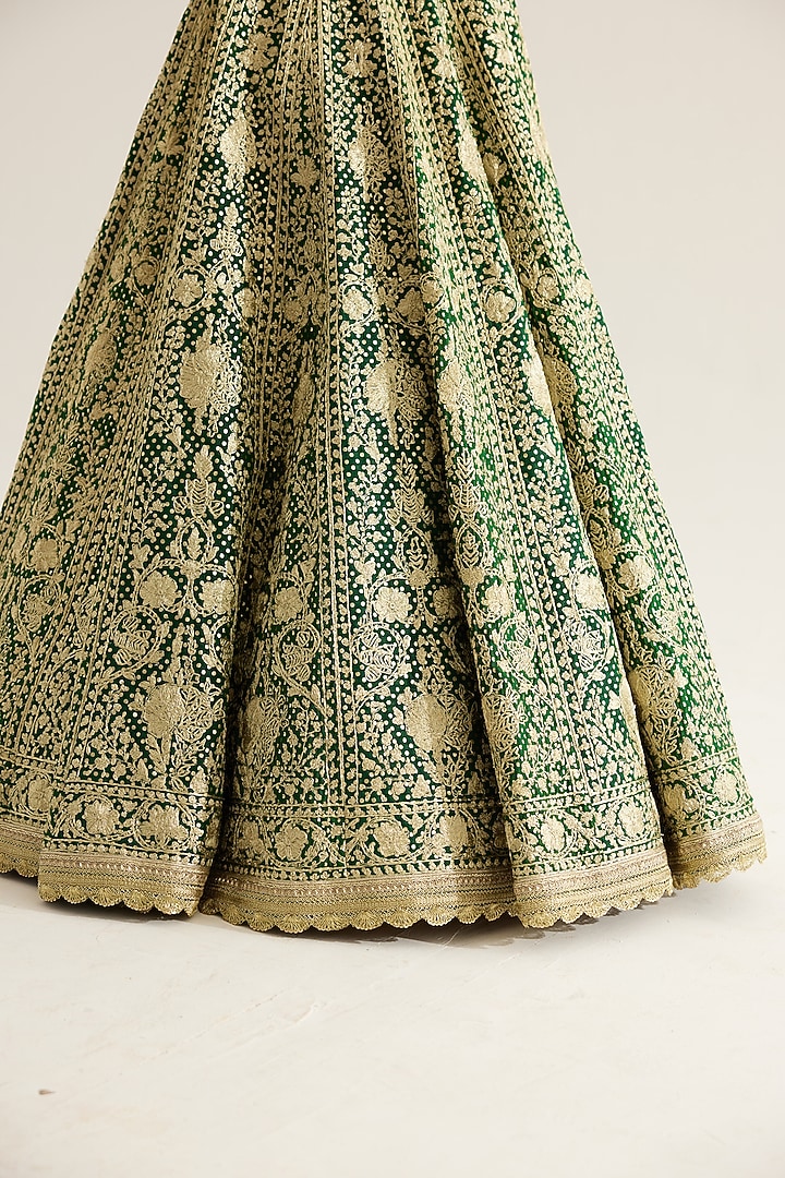 Verdant Green Brocade Gold Zari Embroidered Wedding Lehenga Set by Shyam Narayan Prasad at Pernia's Pop Up Shop