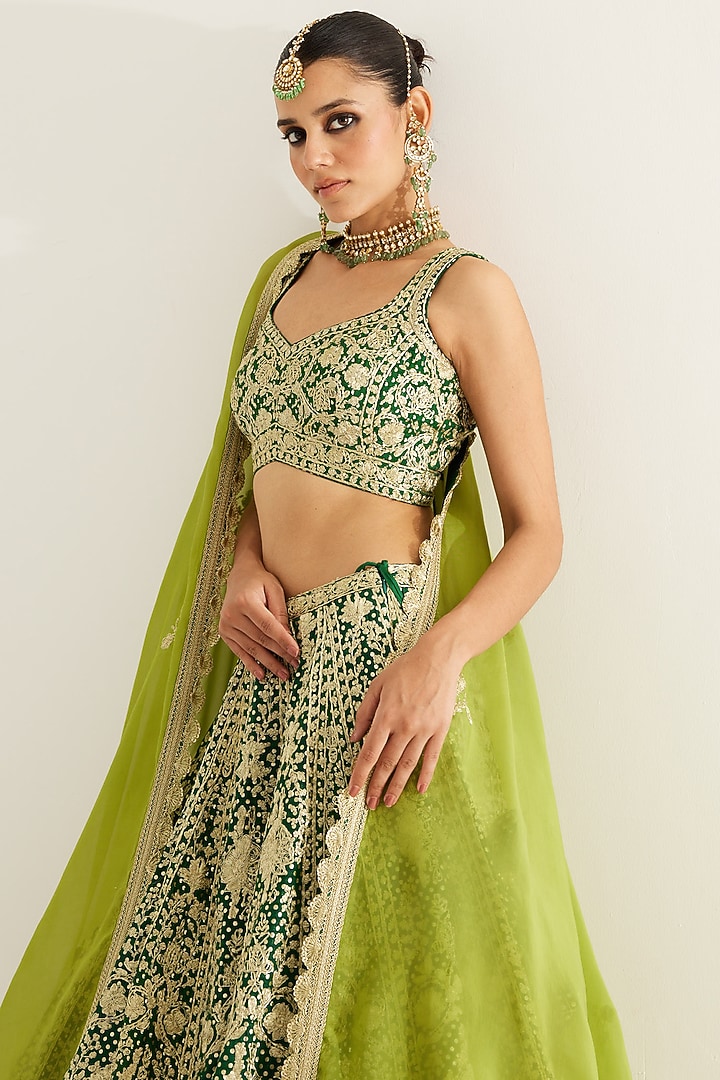 Verdant Green Brocade Gold Zari Embroidered Wedding Lehenga Set by Shyam Narayan Prasad at Pernia's Pop Up Shop