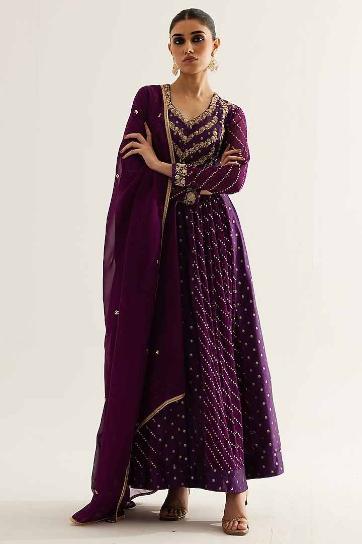 Purple Wine Silk Brocade & Georgette Zardosi Embroidered Anarkali Set by Shyam Narayan Prasad