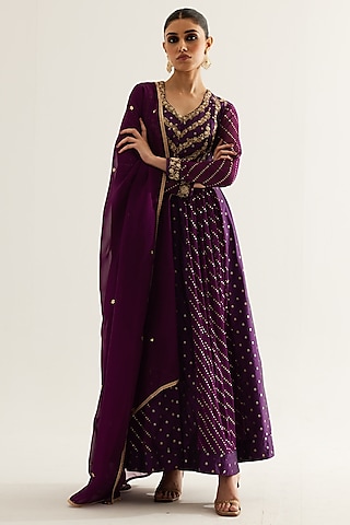 Purple Wine Silk Brocade & Georgette Zardosi Embroidered Anarkali Set by Shyam Narayan Prasad