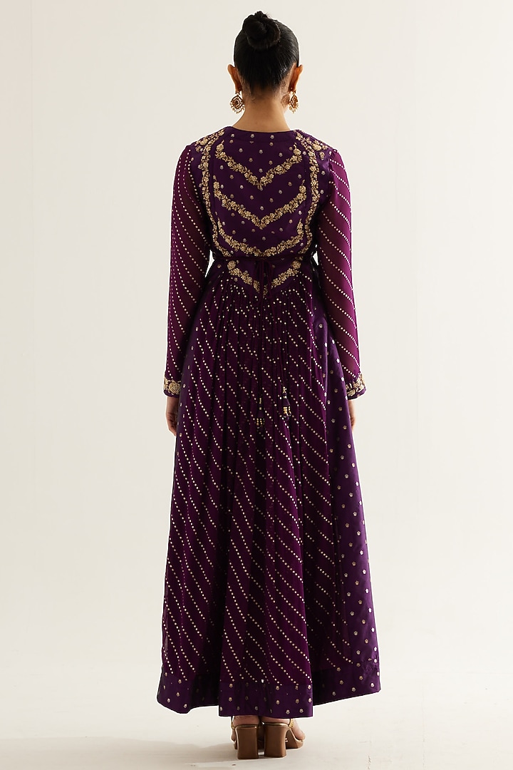 Purple Wine Silk Brocade & Georgette Zardosi Embroidered Wedding Anarkali Set by Shyam Narayan Prasad at Pernia's Pop Up Shop