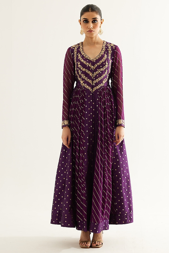 Purple Wine Silk Brocade & Georgette Zardosi Embroidered Wedding Anarkali Set by Shyam Narayan Prasad at Pernia's Pop Up Shop
