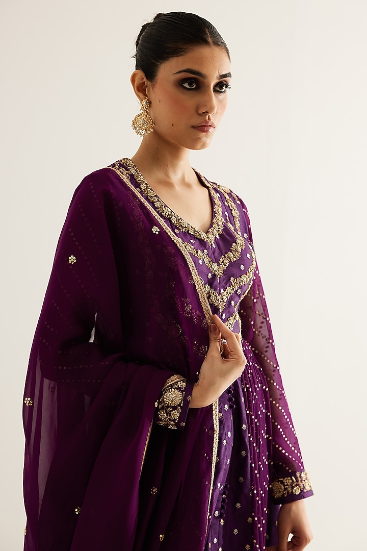 Purple Wine Silk Brocade & Georgette Zardosi Embroidered Wedding Anarkali Set by Shyam Narayan Prasad at Pernia's Pop Up Shop