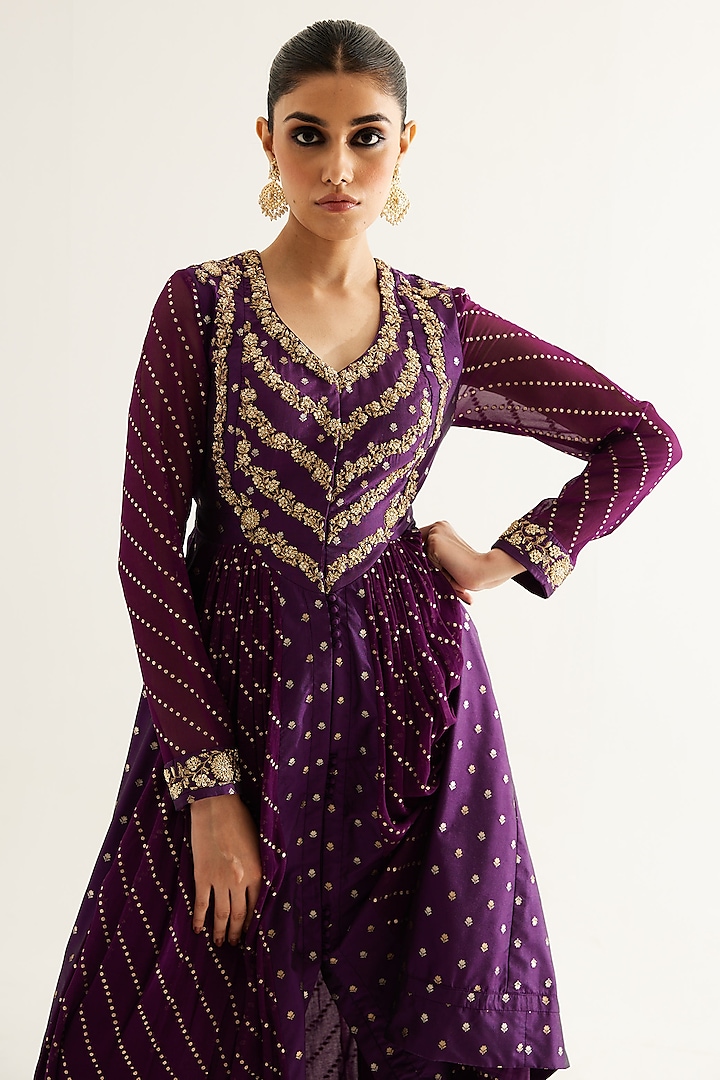 Purple Wine Silk Brocade & Georgette Zardosi Embroidered Wedding Anarkali Set by Shyam Narayan Prasad at Pernia's Pop Up Shop