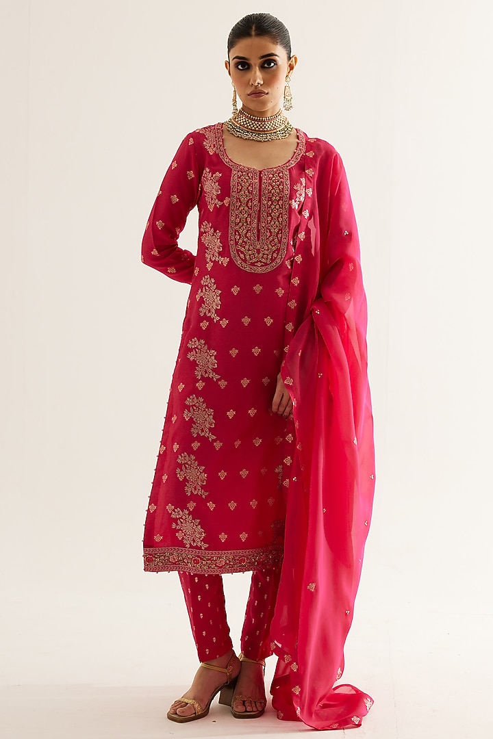 Fuchsia Silk Brocade & Georgette Zardosi Embroidered Kurta Set by Shyam Narayan Prasad at Pernia's Pop Up Shop