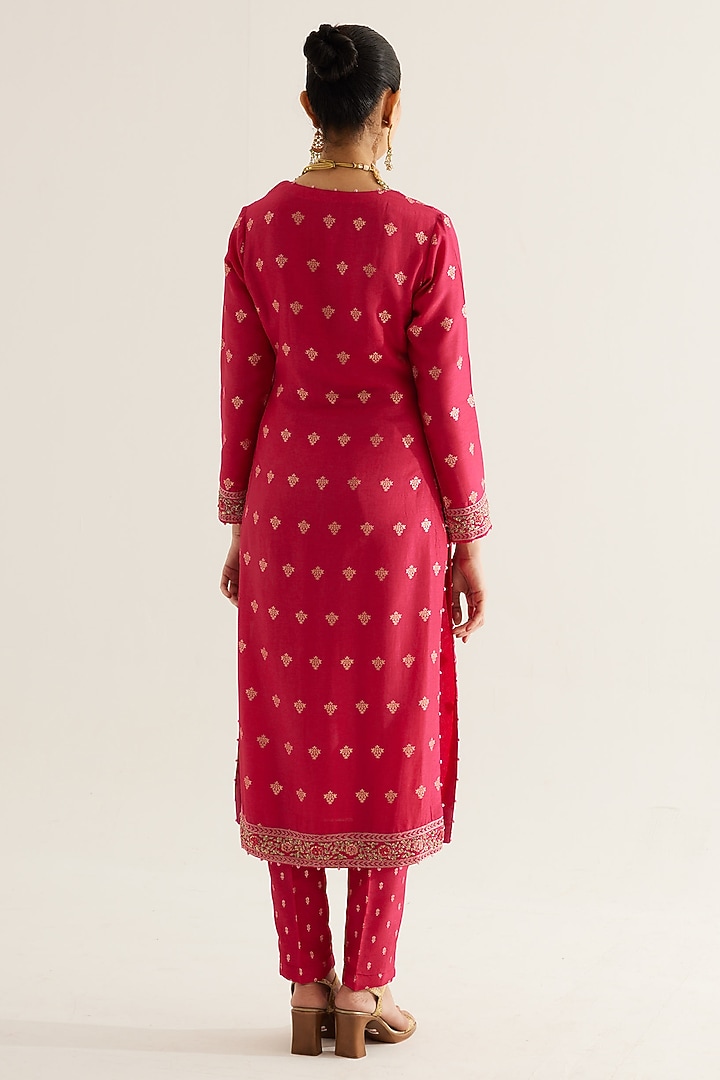 Fuchsia Silk Brocade & Georgette Zardosi Embroidered Kurta Set by Shyam Narayan Prasad at Pernia's Pop Up Shop