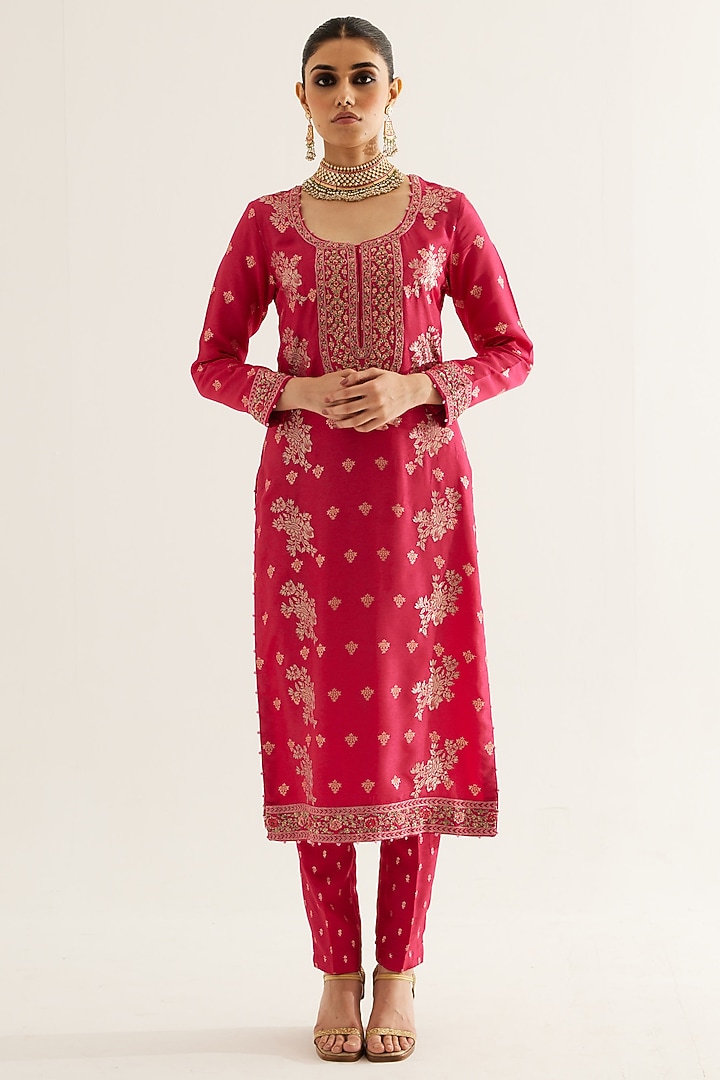 Fuchsia Silk Brocade & Georgette Zardosi Embroidered Kurta Set by Shyam Narayan Prasad at Pernia's Pop Up Shop
