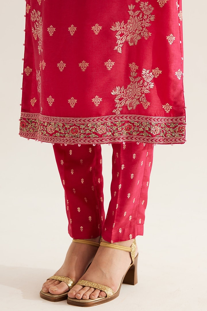 Fuchsia Silk Brocade & Georgette Zardosi Embroidered Kurta Set by Shyam Narayan Prasad at Pernia's Pop Up Shop