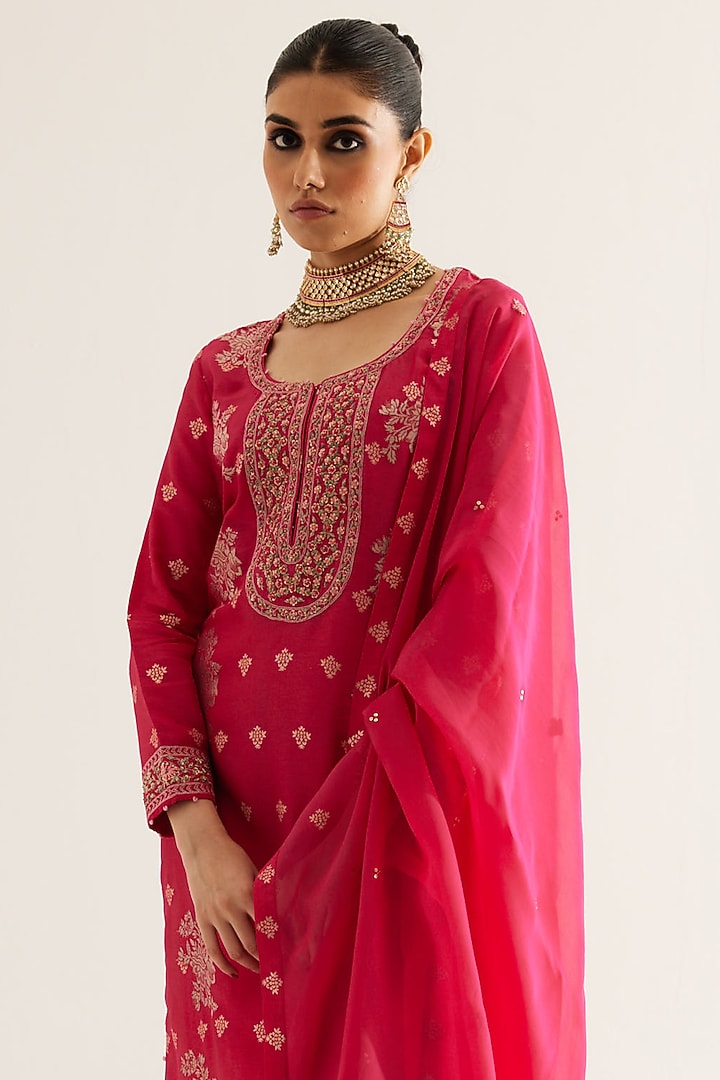 Fuchsia Silk Brocade & Georgette Zardosi Embroidered Kurta Set by Shyam Narayan Prasad at Pernia's Pop Up Shop