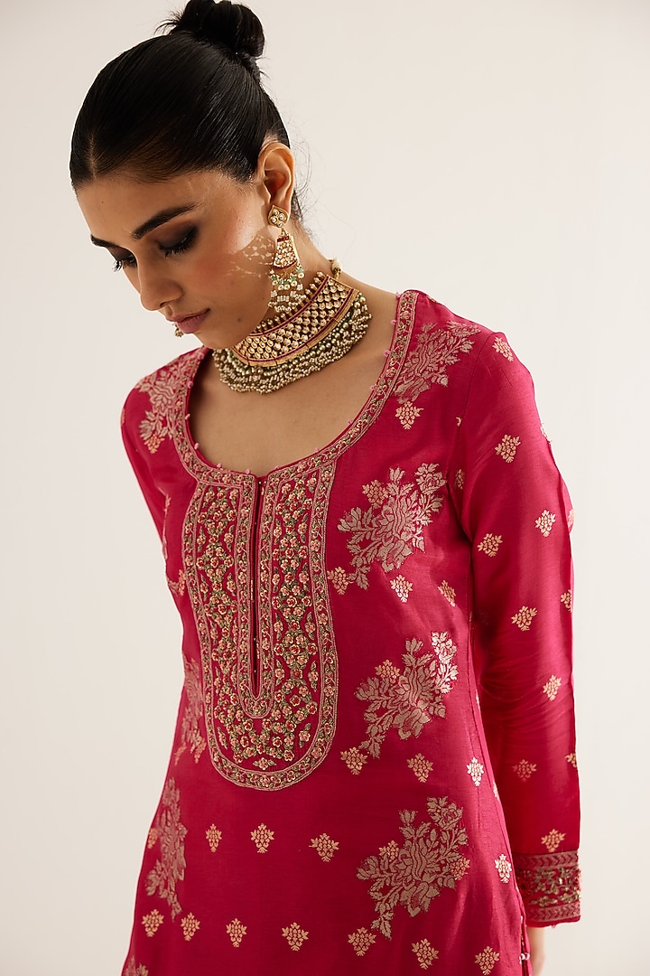 Fuchsia Silk Brocade & Georgette Zardosi Embroidered Kurta Set by Shyam Narayan Prasad at Pernia's Pop Up Shop