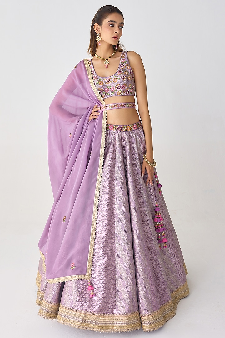 Lavender Brocade Zardosi Thread Embroidered Wedding Lehenga Set by Shyam Narayan Prasad at Pernia's Pop Up Shop