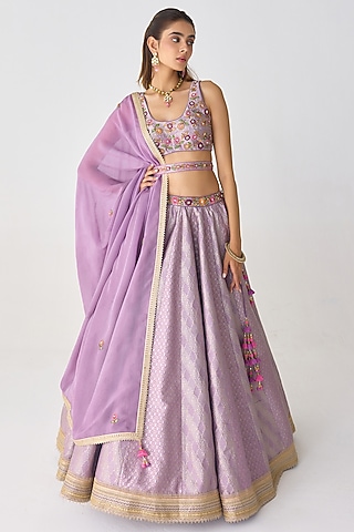 Lavender Brocade Zardosi Thread Embroidered Lehenga Set by Shyam Narayan Prasad