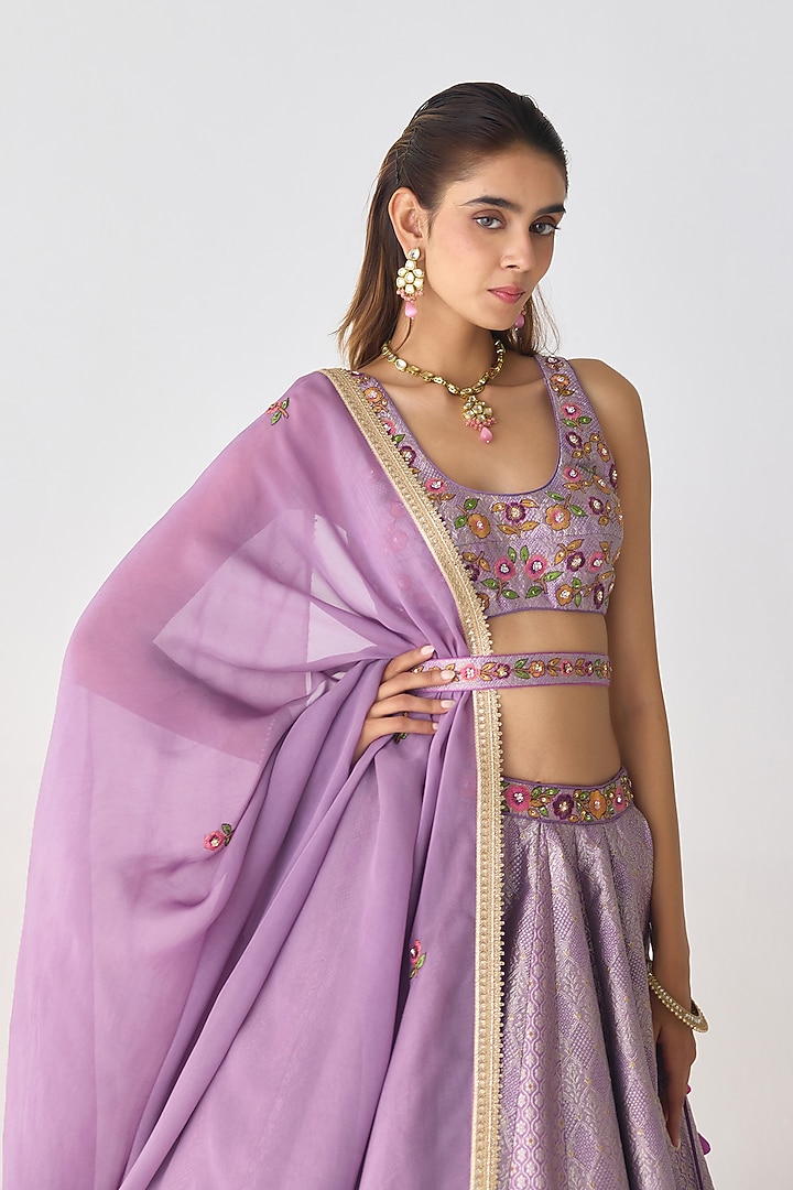 Lavender Brocade Zardosi Thread Embroidered Wedding Lehenga Set by Shyam Narayan Prasad at Pernia's Pop Up Shop