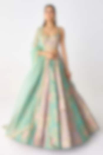 Smoke Green & Coral Brocade Pleated Wedding Lehenga Set by Shyam Narayan Prasad at Pernia's Pop Up Shop