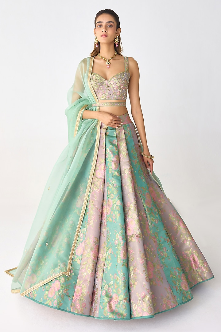 Smoke Green & Coral Brocade Pleated Wedding Lehenga Set by Shyam Narayan Prasad at Pernia's Pop Up Shop