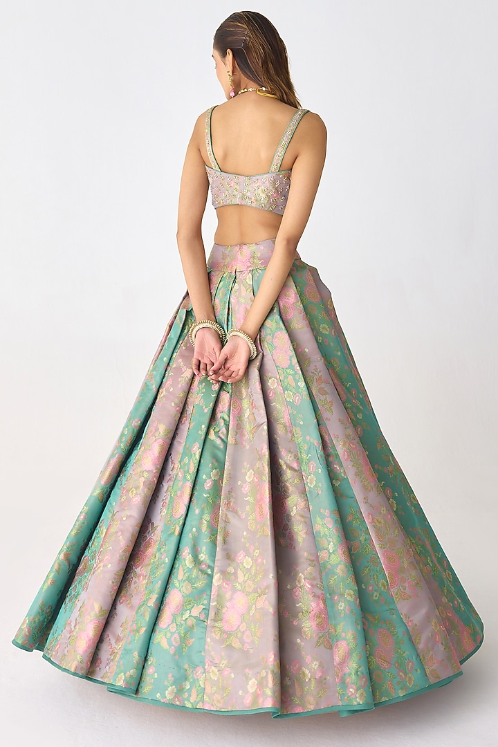 Smoke Green & Coral Brocade Pleated Wedding Lehenga Set by Shyam Narayan Prasad at Pernia's Pop Up Shop