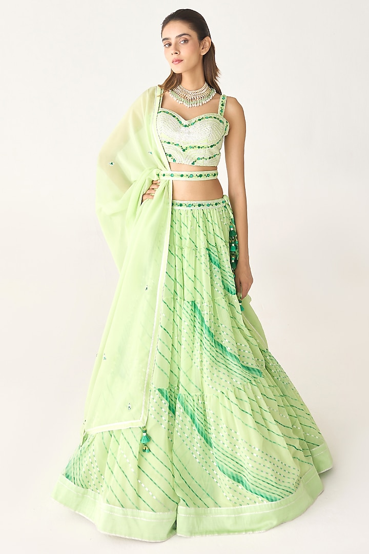 Green Georgette Gota Thread Embroidered Leheriya Wedding Lehenga Set by Shyam Narayan Prasad at Pernia's Pop Up Shop