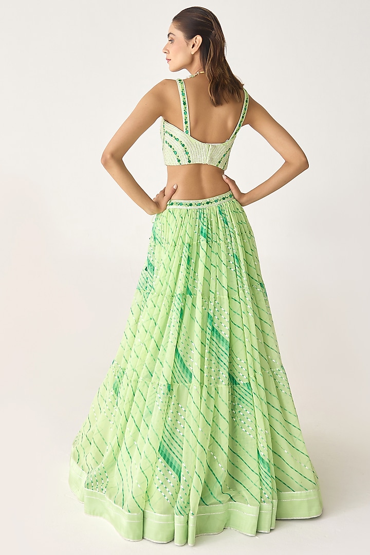 Green Georgette Gota Thread Embroidered Leheriya Wedding Lehenga Set by Shyam Narayan Prasad at Pernia's Pop Up Shop