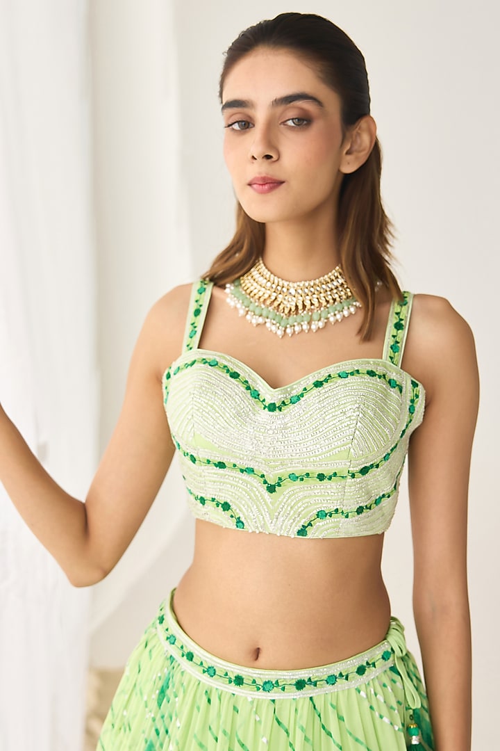 Green Georgette Gota Thread Embroidered Leheriya Wedding Lehenga Set by Shyam Narayan Prasad at Pernia's Pop Up Shop