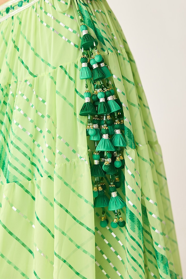 Green Georgette Gota Thread Embroidered Leheriya Wedding Lehenga Set by Shyam Narayan Prasad at Pernia's Pop Up Shop