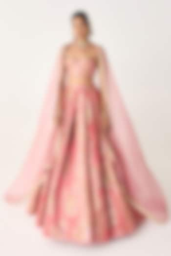 Tea Rose Brocade Pleated Wedding Lehenga Set by Shyam Narayan Prasad at Pernia's Pop Up Shop