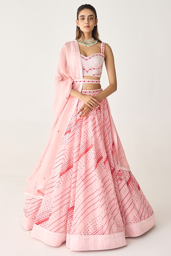 Blush Pink Georgette Gota Thread Embroidered Leheriya Wedding Lehenga Set by Shyam Narayan Prasad at Pernia's Pop Up Shop