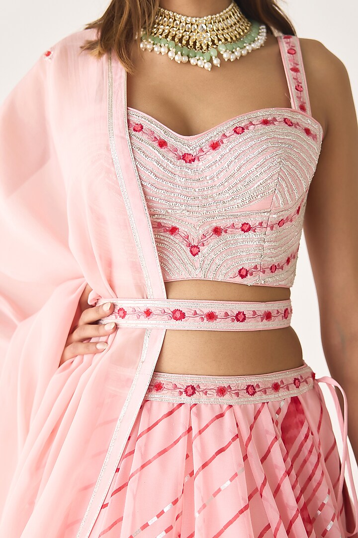 Blush Pink Georgette Gota Thread Embroidered Leheriya Wedding Lehenga Set by Shyam Narayan Prasad at Pernia's Pop Up Shop